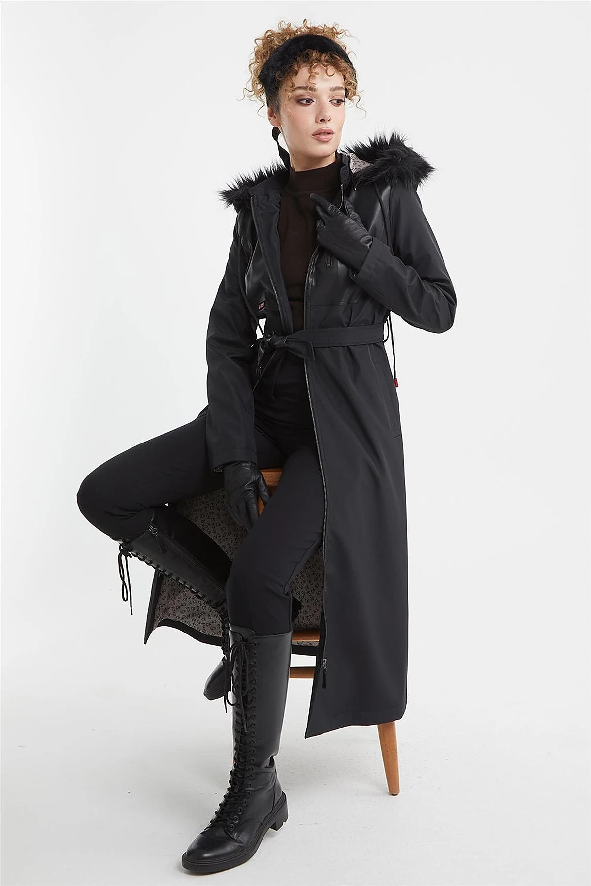 Leather-Trimmed Hooded Coat Black