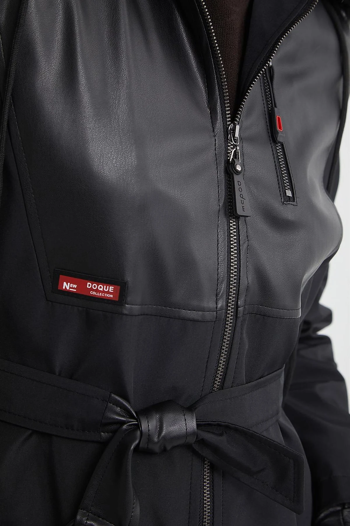 Leather-Trimmed Hooded Coat Black