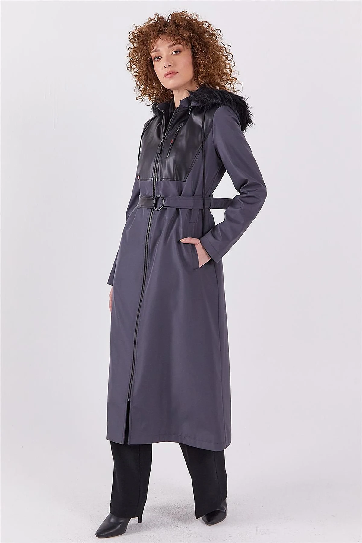Leather-Trimmed Hooded Coat Anthracite