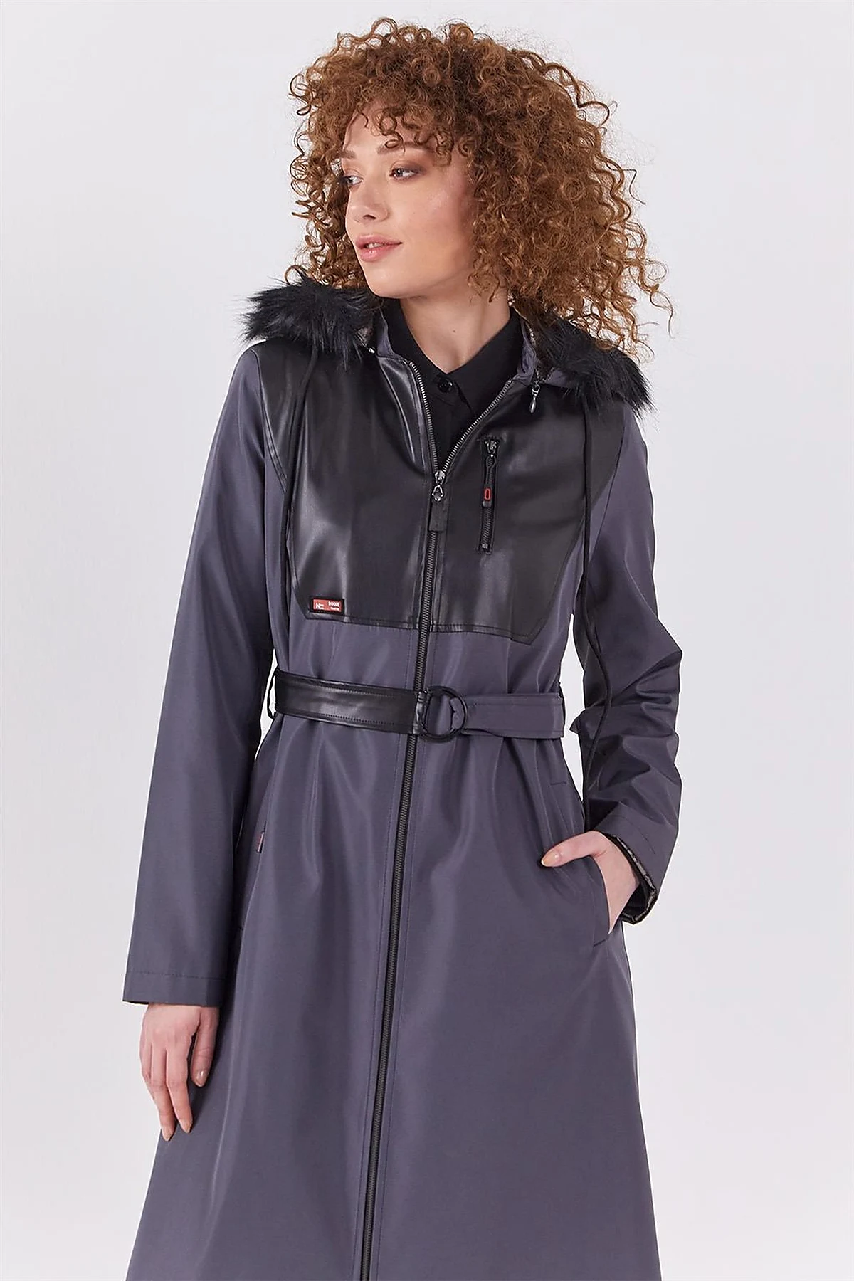 Leather-Trimmed Hooded Coat Anthracite