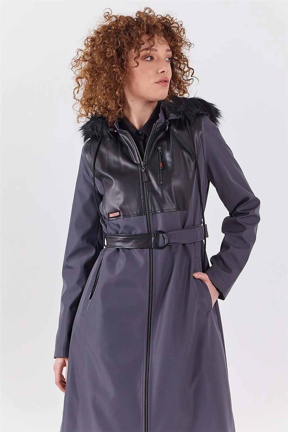 Leather-Trimmed Hooded Coat Anthracite