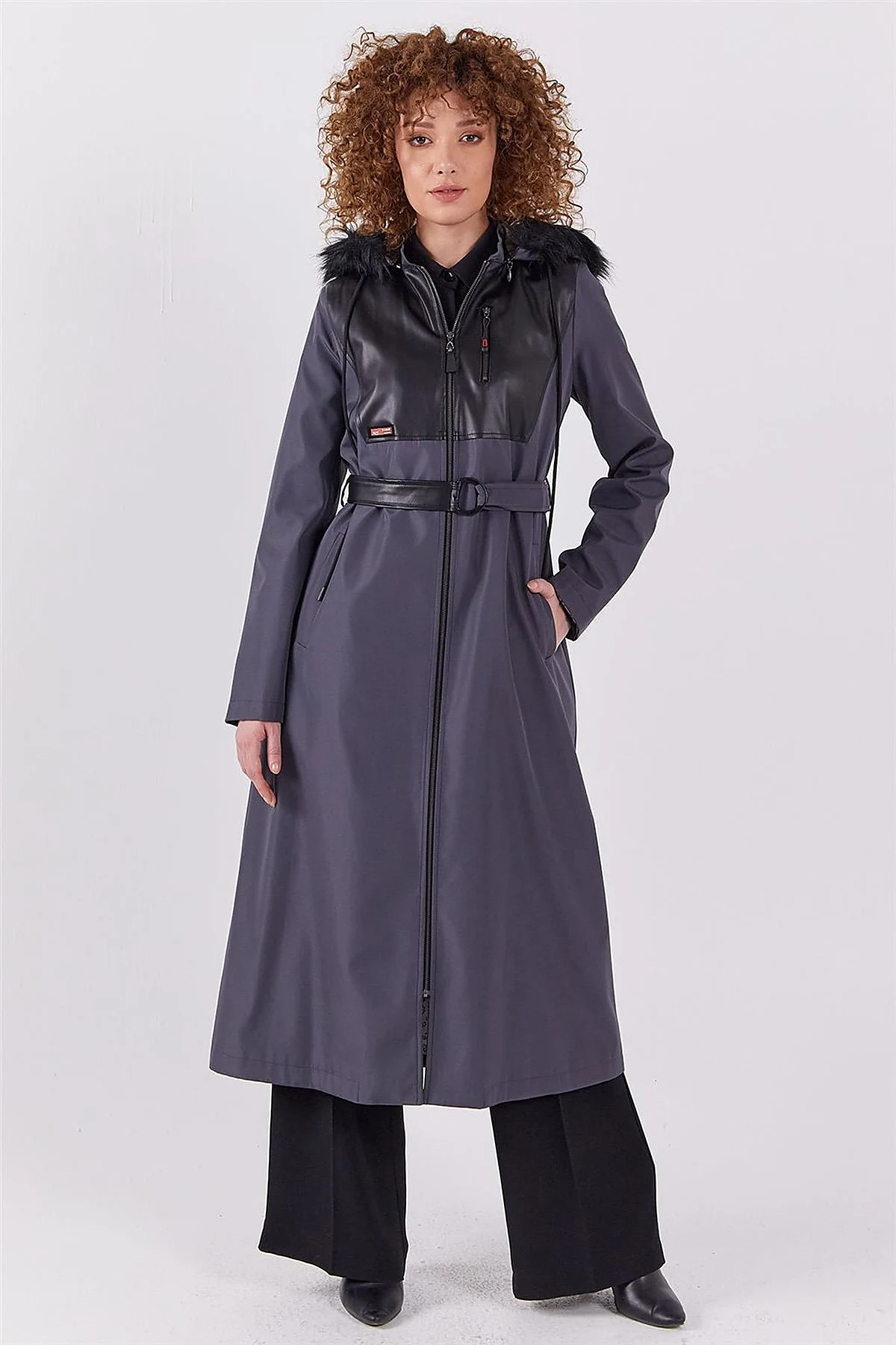 Leather-Trimmed Hooded Coat Anthracite