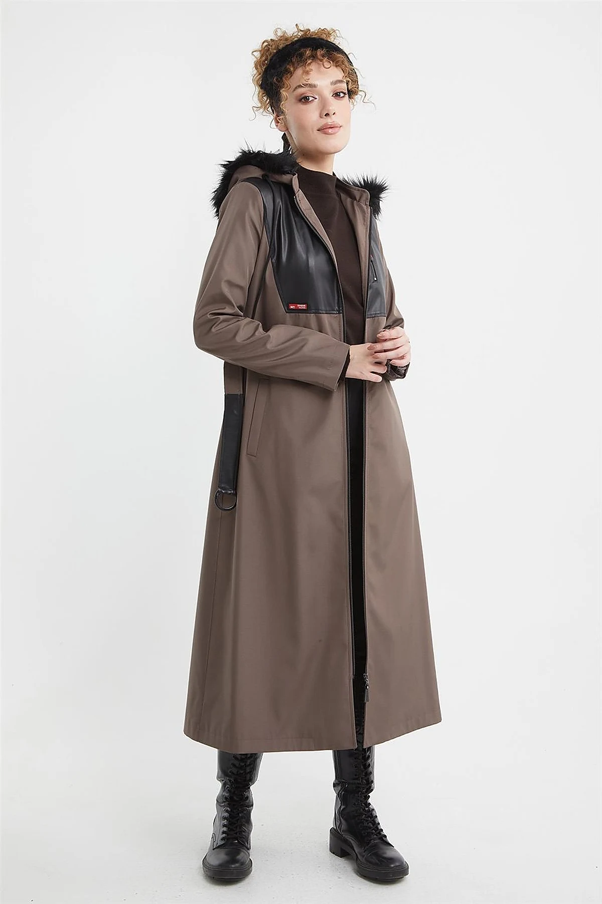Leather-Trimmed Hooded Coat Mink 