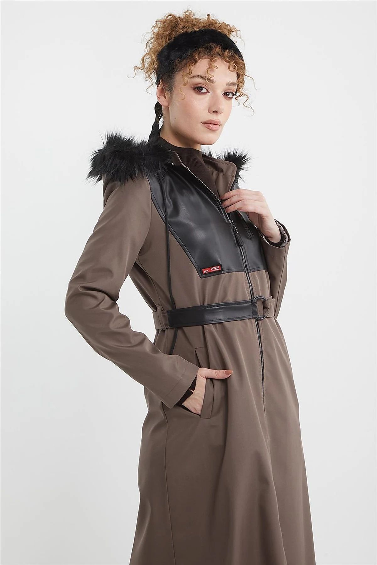 Leather-Trimmed Hooded Coat Mink 