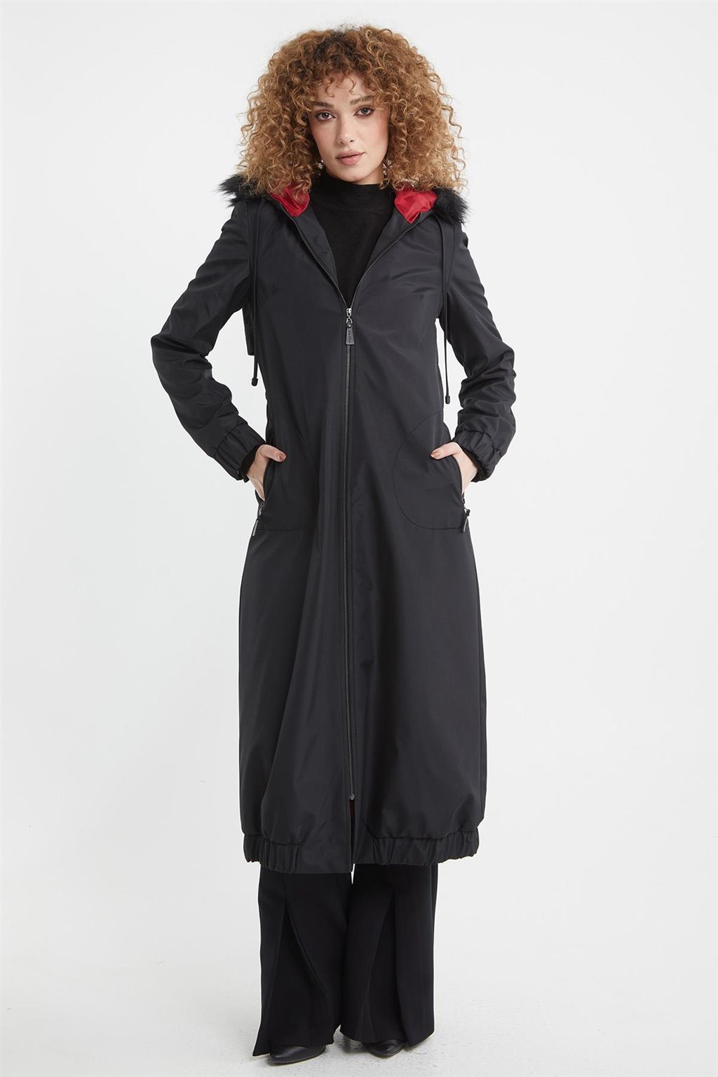 Faux Fur Zippered Coat Black