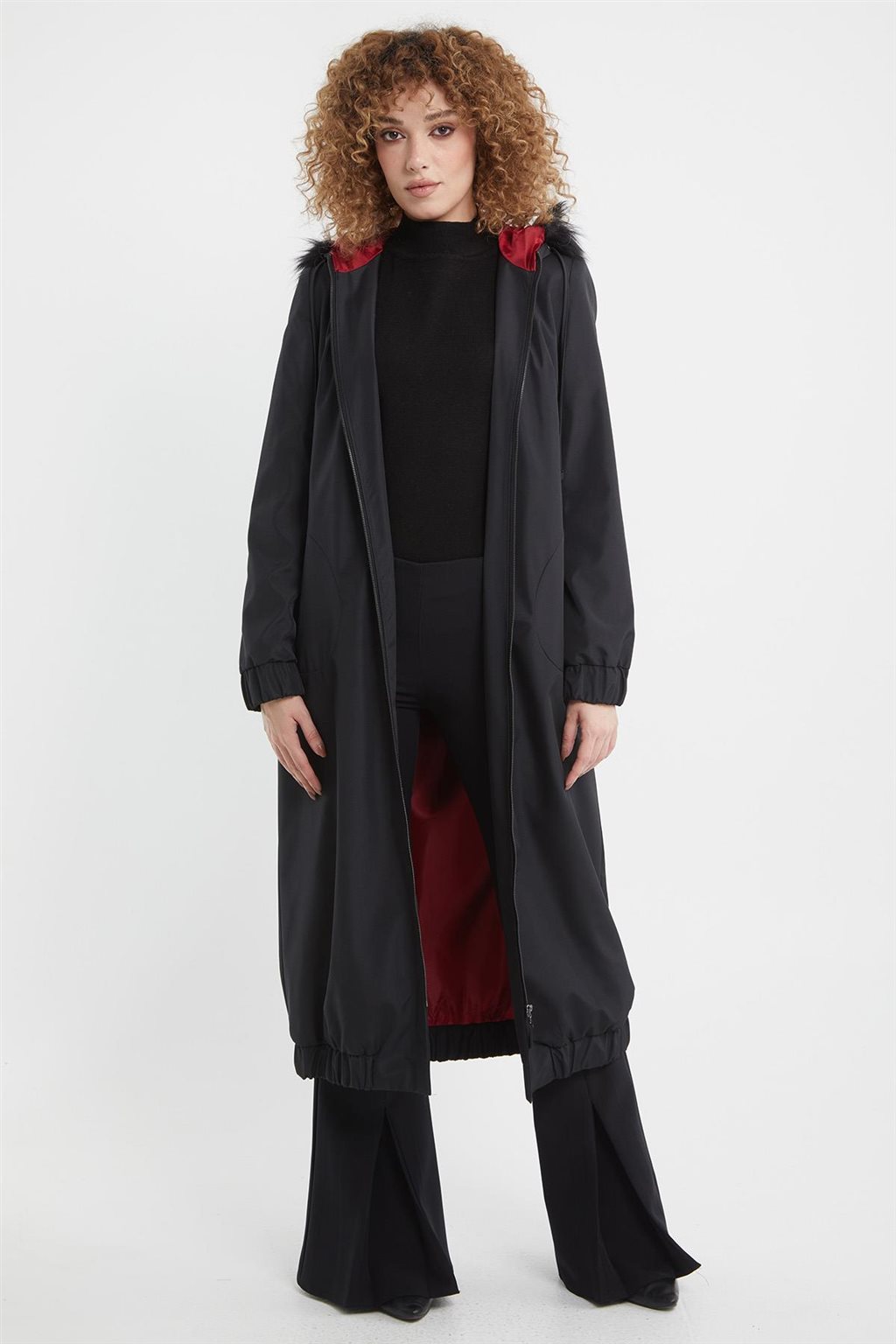 Faux Fur Zippered Coat Black