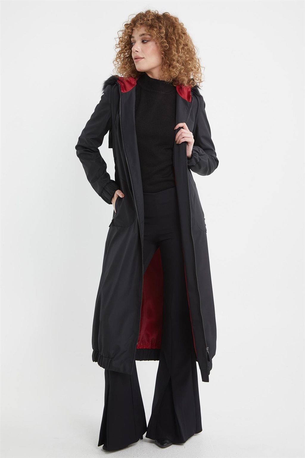 Faux Fur Zippered Coat Black