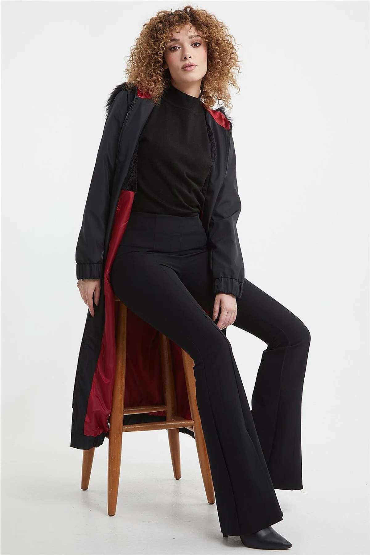 Faux Fur Zippered Coat Black