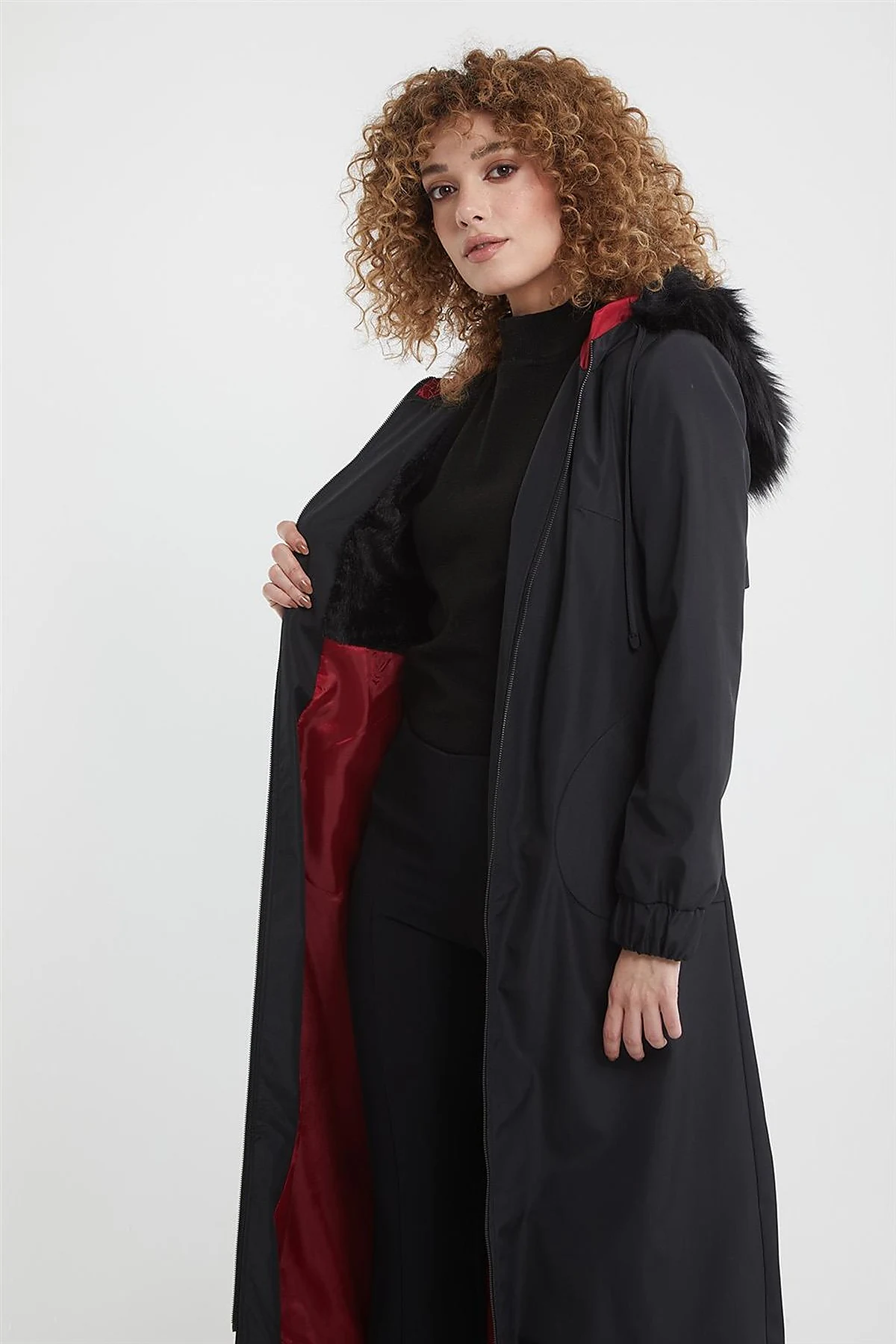 Faux Fur Zippered Coat Black