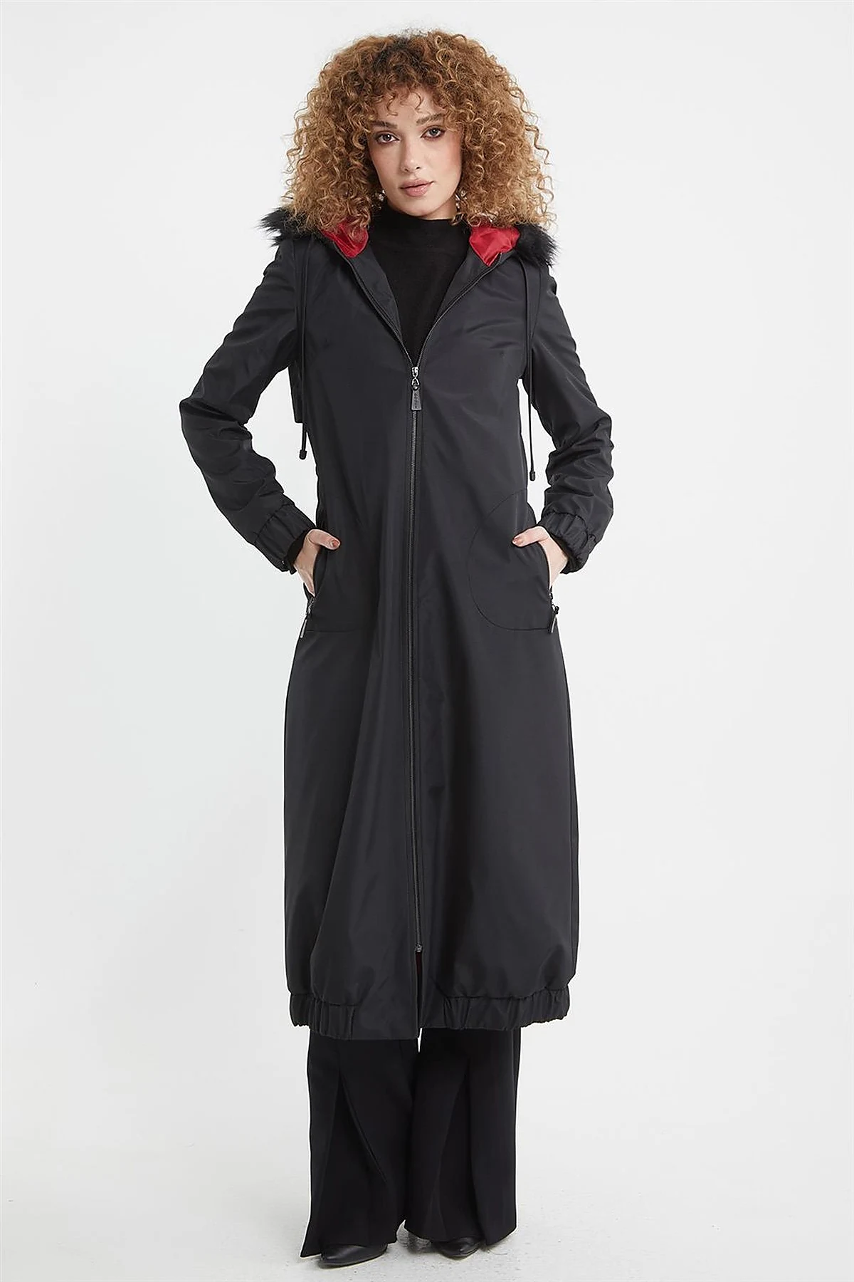 Faux Fur Zippered Coat Black