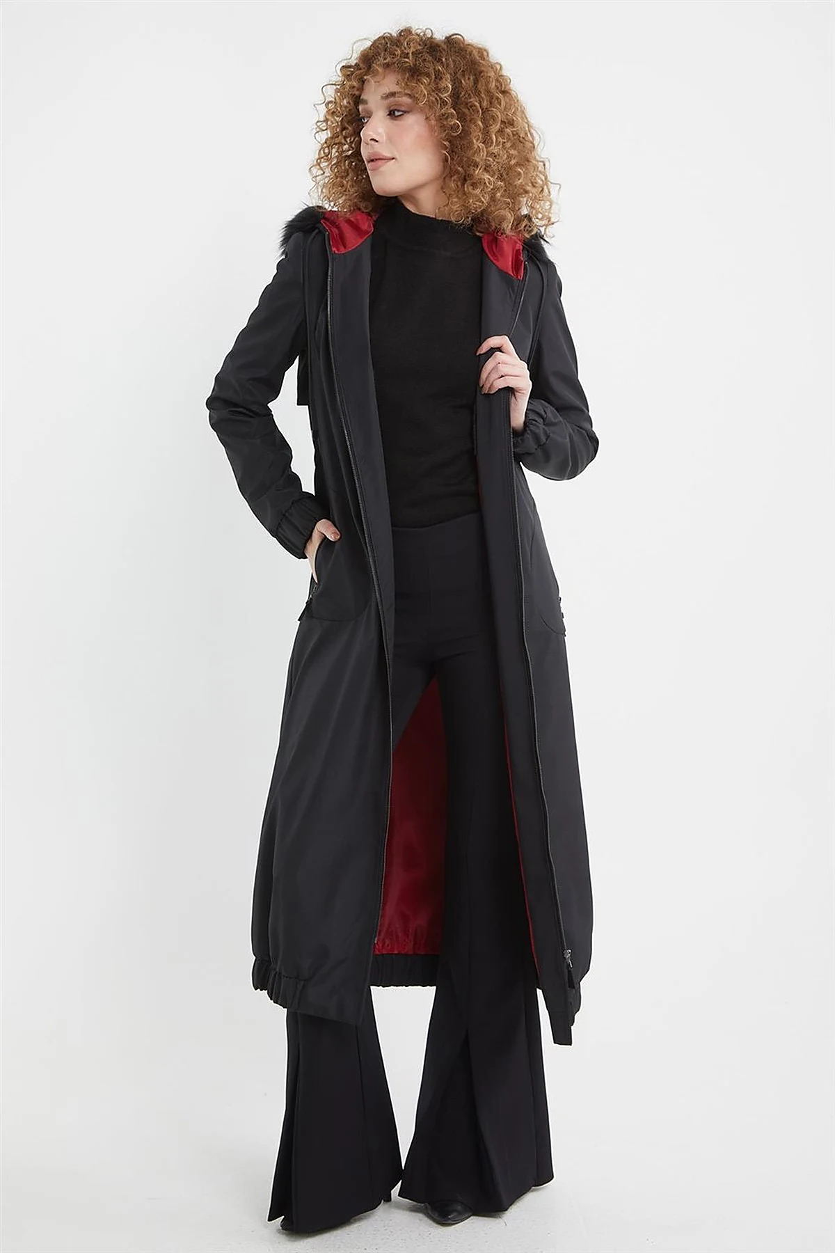 Faux Fur Zippered Coat Black