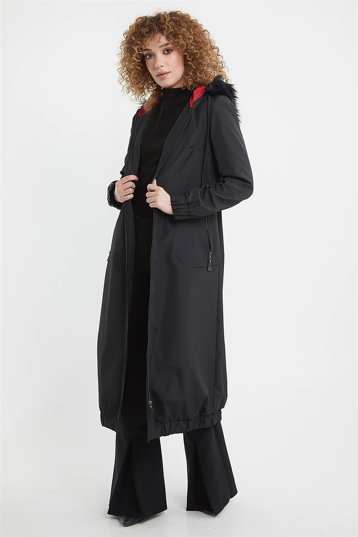 Faux Fur Zippered Coat Black