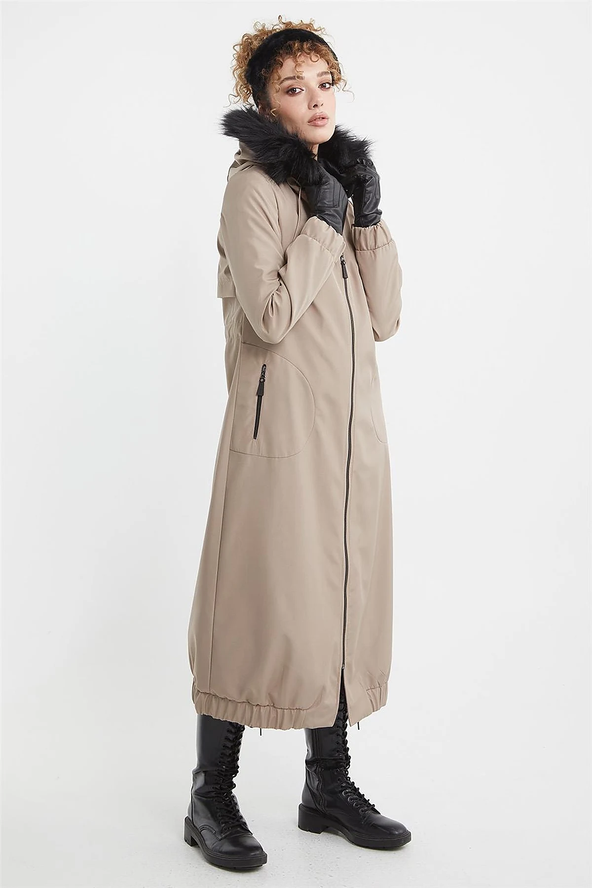 Faux Fur Zippered Coat Stone