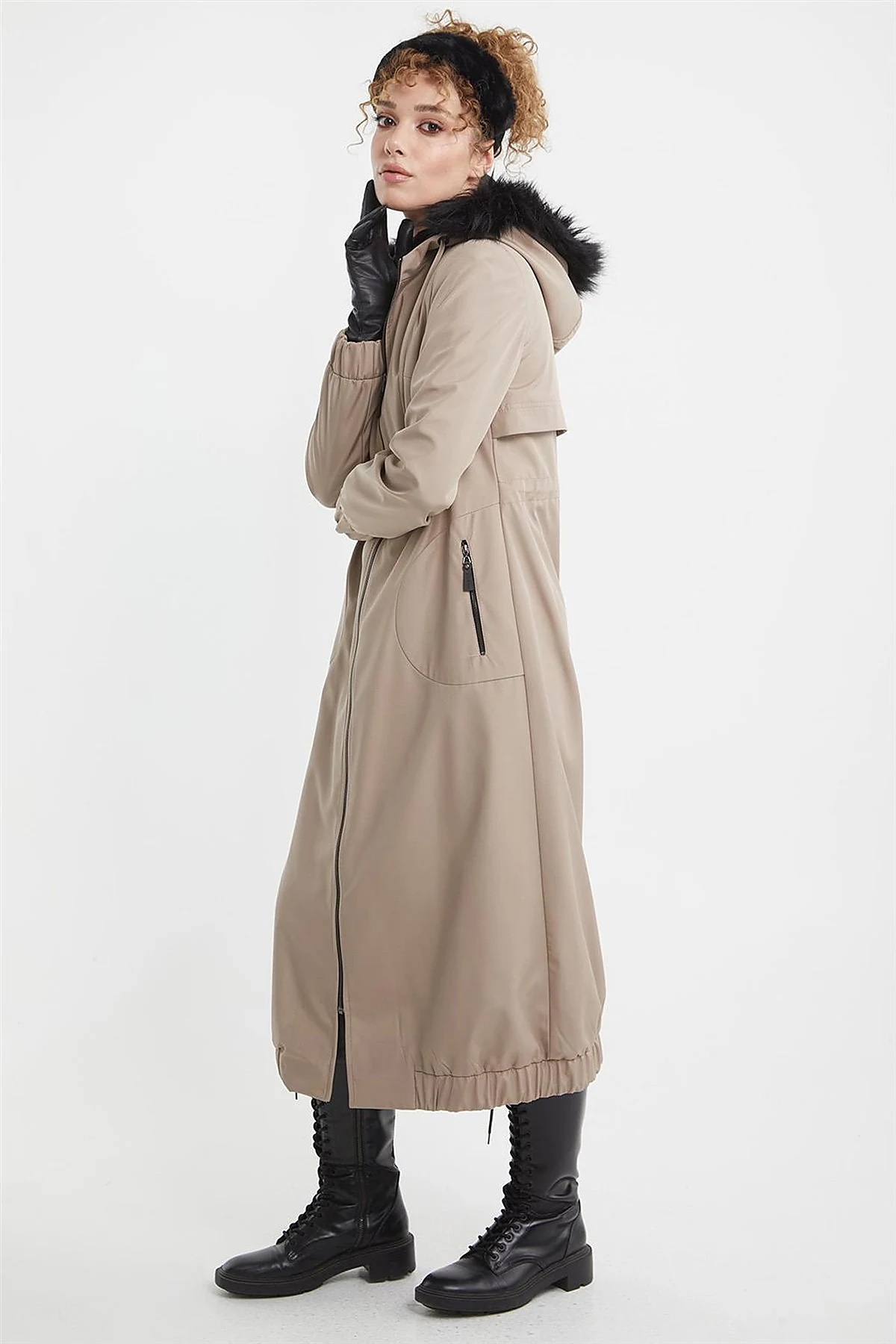 Faux Fur Zippered Coat Stone