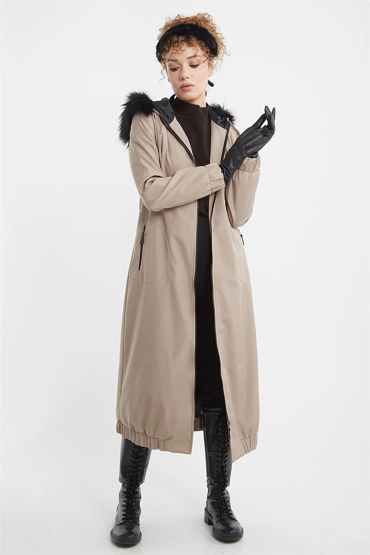Faux Fur Zippered Coat Stone