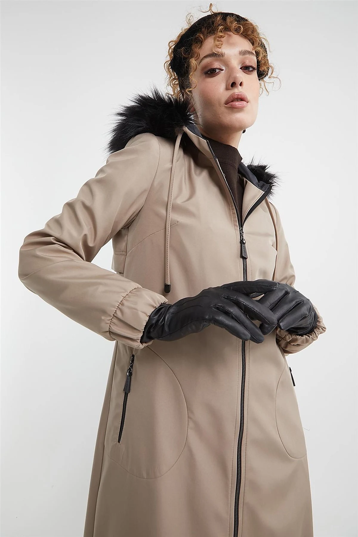 Faux Fur Zippered Coat Stone