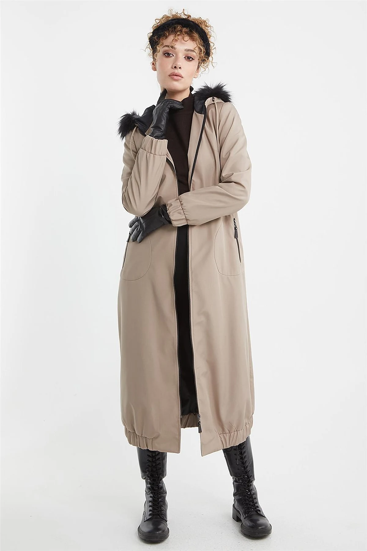 Faux Fur Zippered Coat Stone