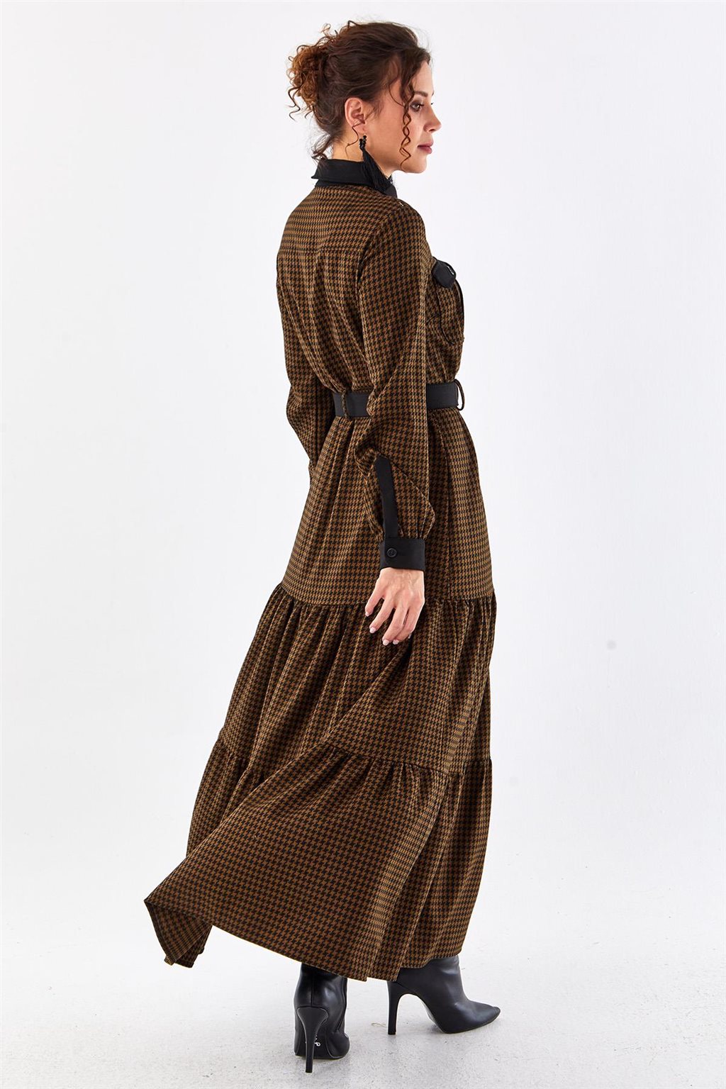 Kazayağı Desenli Maksi Elbise Camel