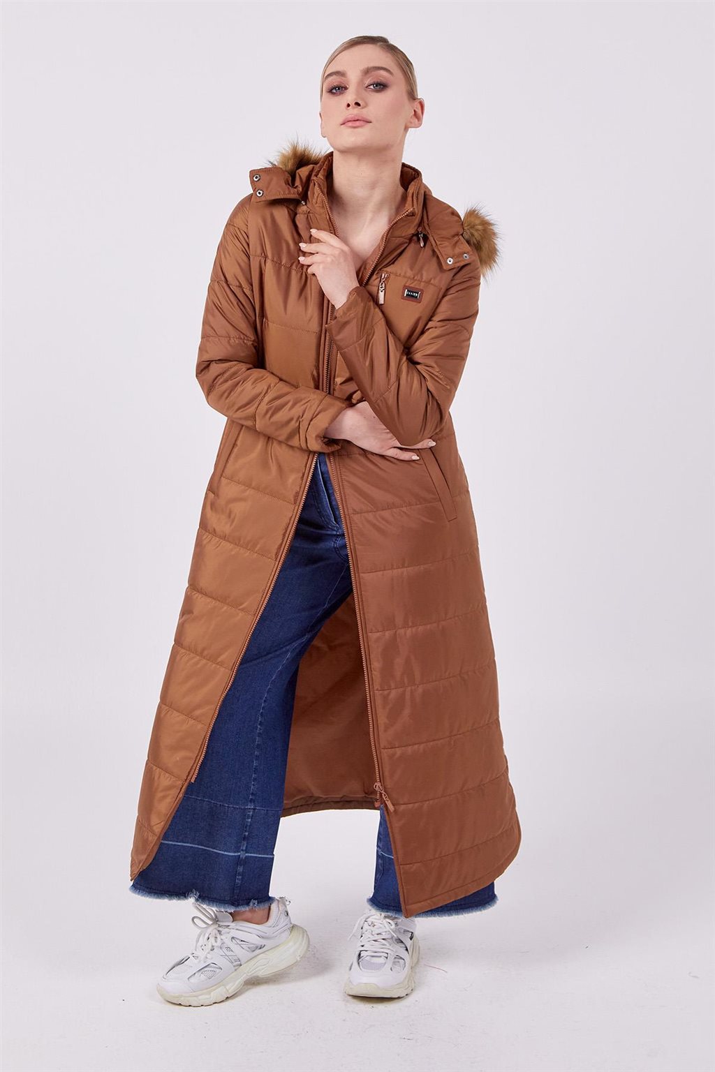 Faux Fur Hooded Anorak Coat Camel 