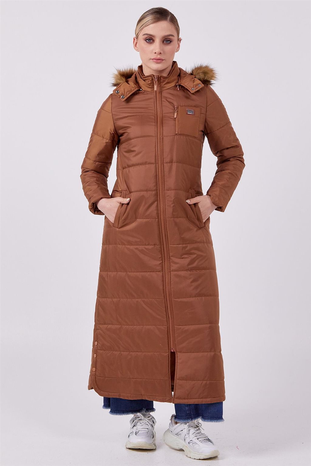 Faux Fur Hooded Anorak Coat Camel 