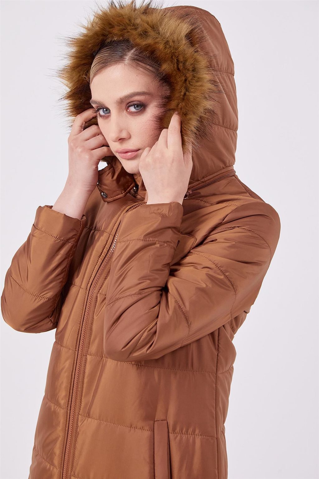 Faux Fur Hooded Anorak Coat Camel 