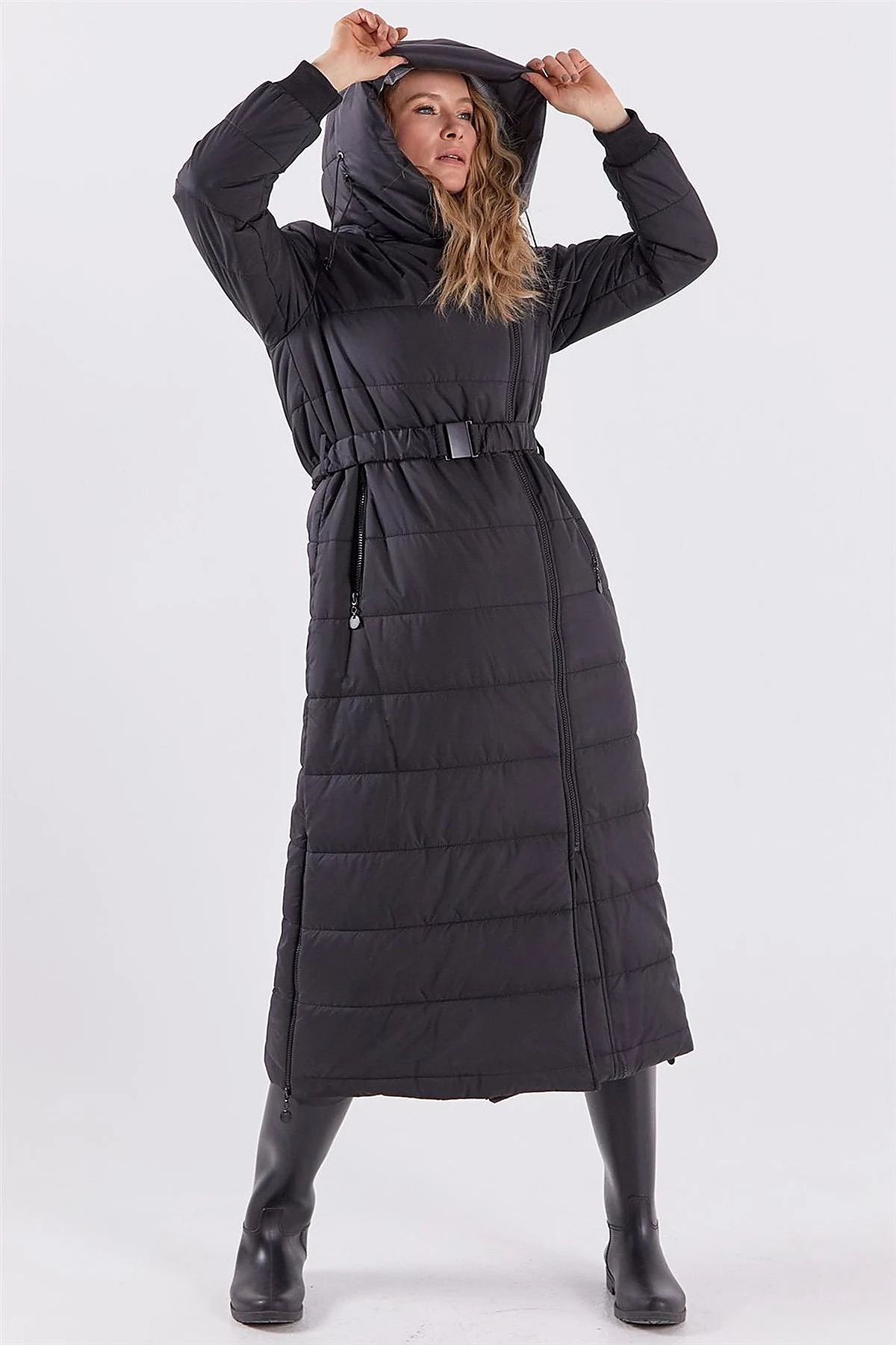 Side Zippered Anorak Coat Black