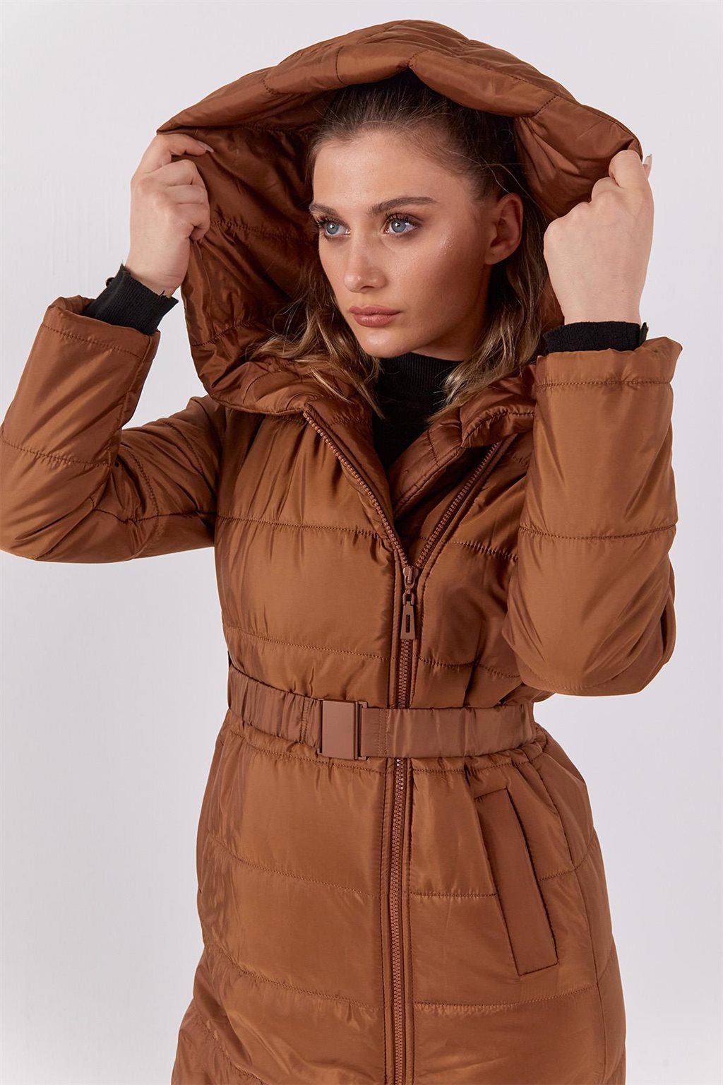 Lastik Kemerli Anorak Mont Camel 