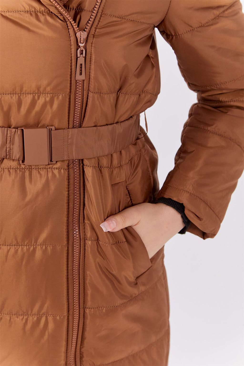 Lastik Kemerli Anorak Mont Camel 