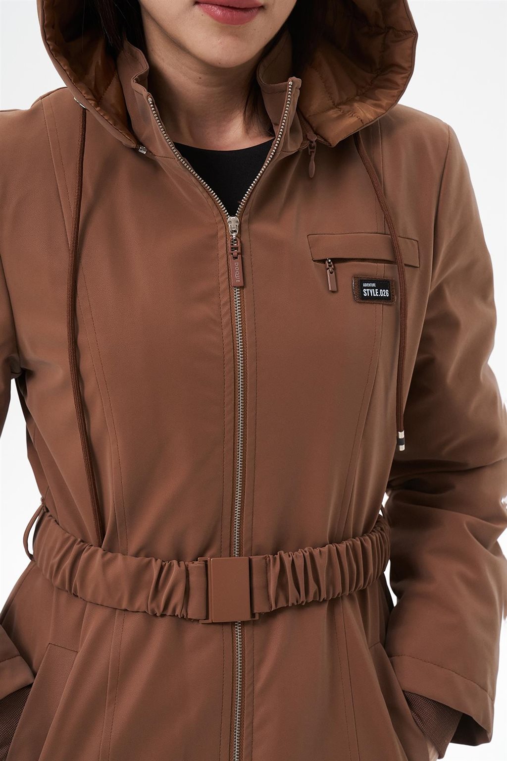 Lastik Kemerli Dik Yaka Parka Camel 