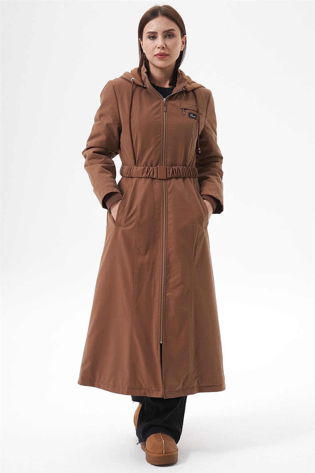 Lastik Kemerli Dik Yaka Parka Camel 