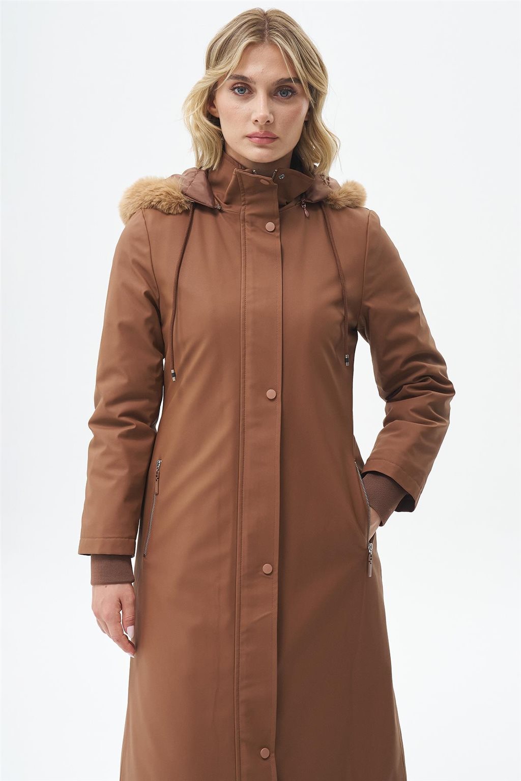 Fur-Trimmed Hooded Coat Camel