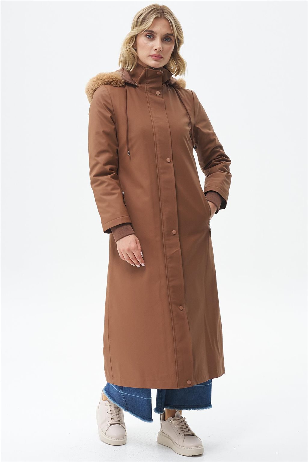 Fur-Trimmed Hooded Coat Camel
