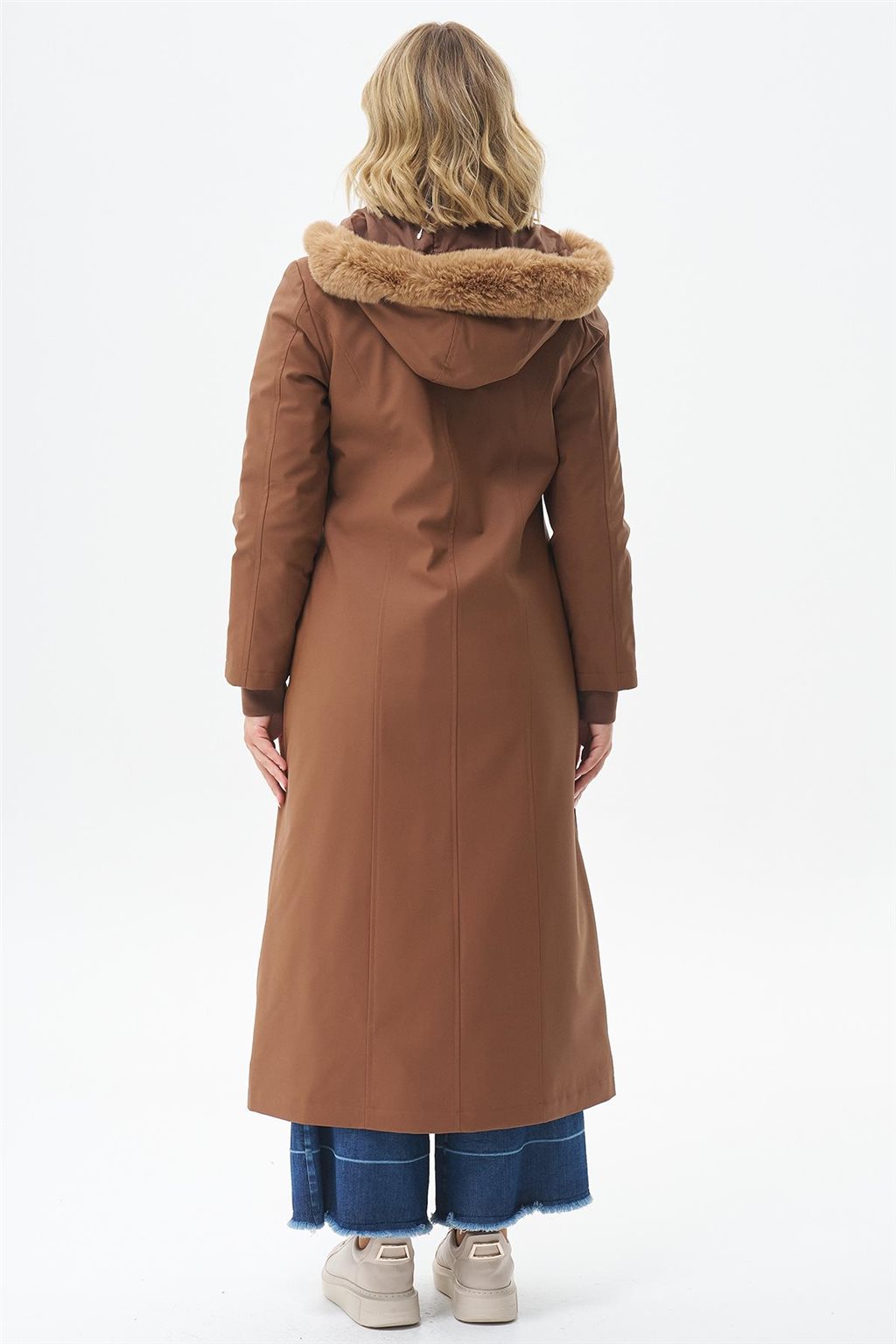 Fur-Trimmed Hooded Coat Camel