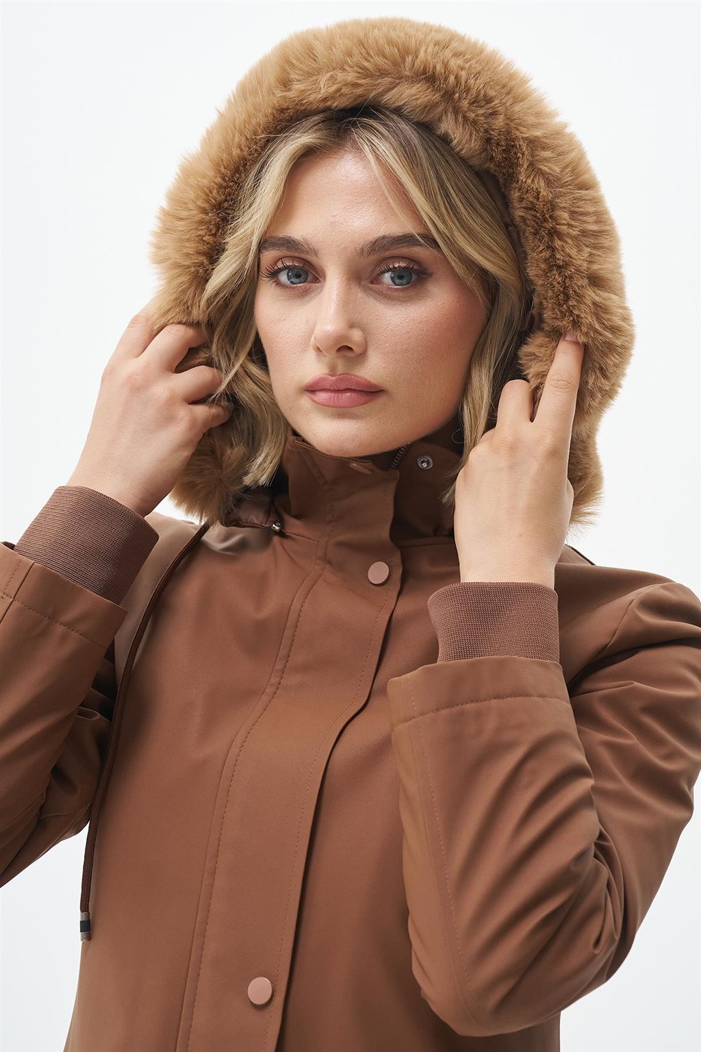 Fur-Trimmed Hooded Coat Camel