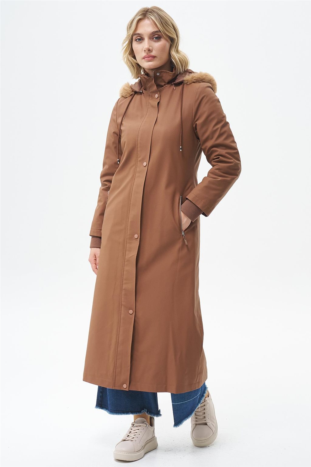 Fur-Trimmed Hooded Coat Camel