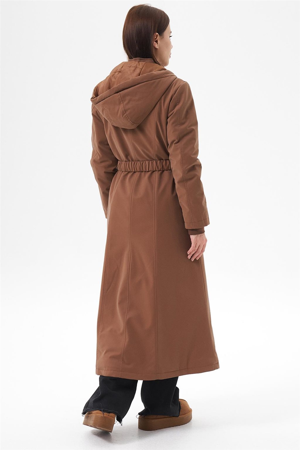Lastik Kemerli Dik Yaka Parka Camel 