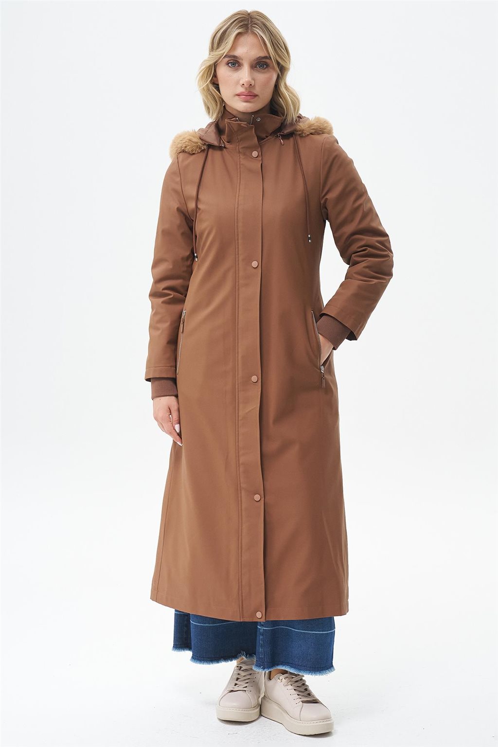 Fur-Trimmed Hooded Coat Camel