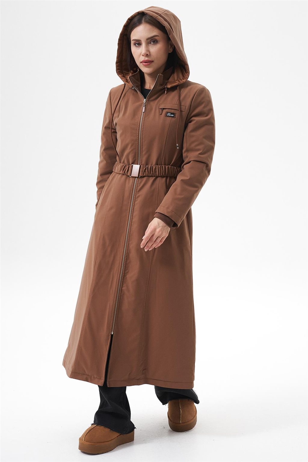 Lastik Kemerli Dik Yaka Parka Camel 