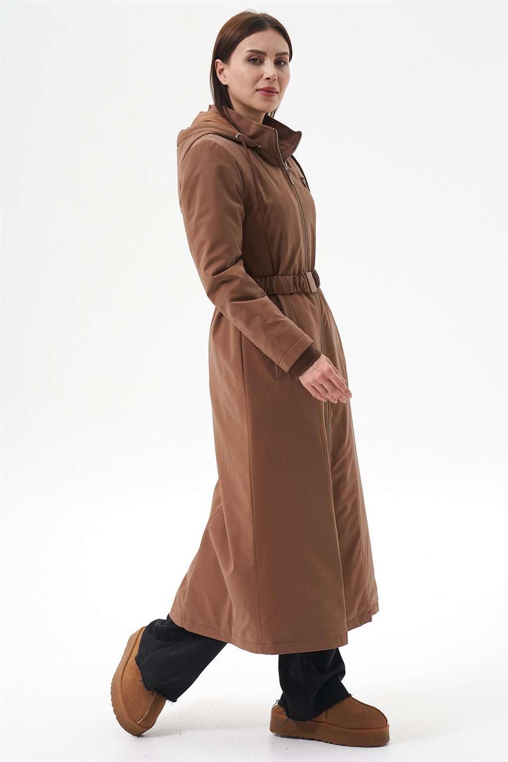 Lastik Kemerli Dik Yaka Parka Camel 