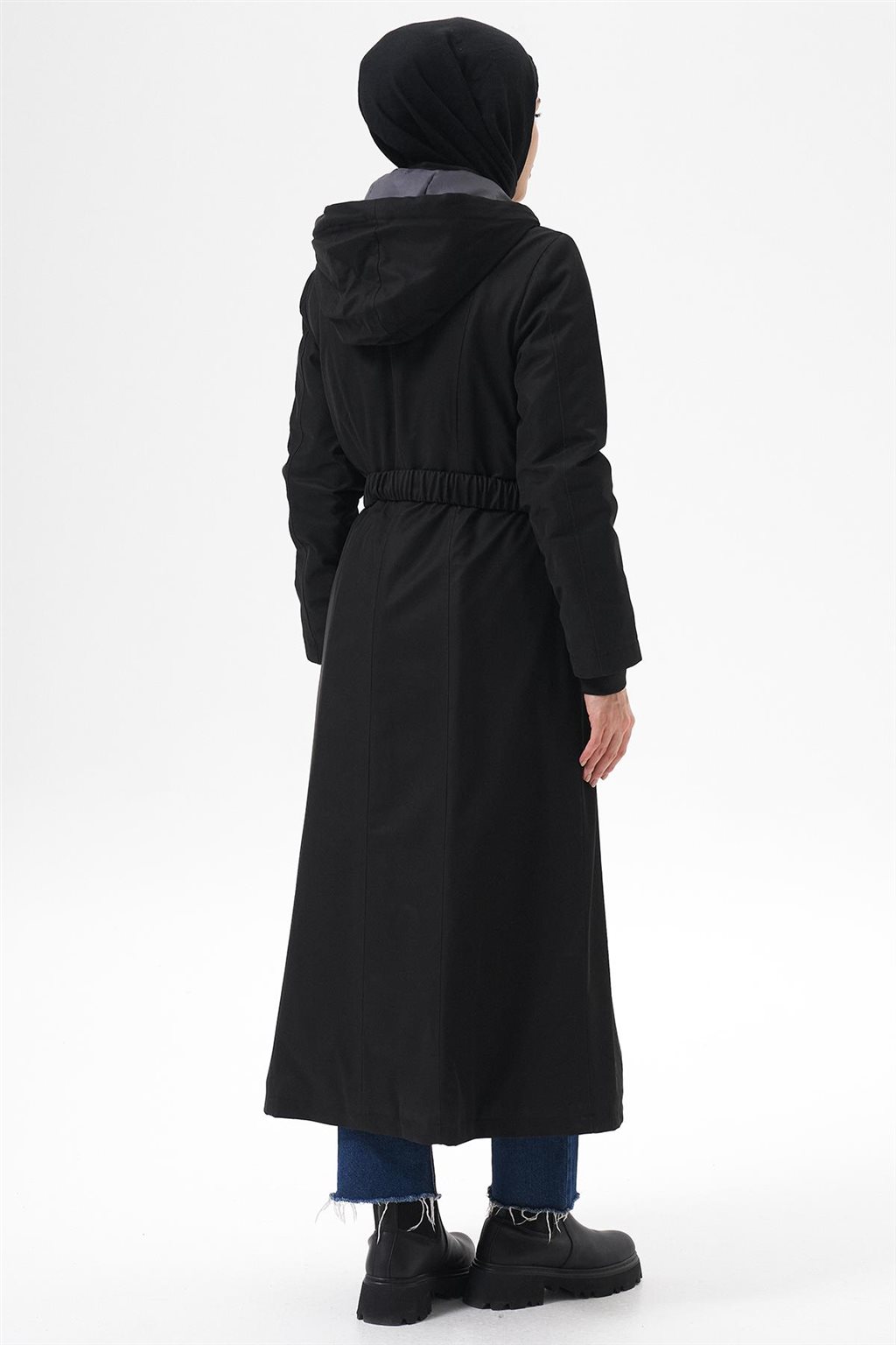 Lastik Kemerli Dik Yaka Parka Siyah 