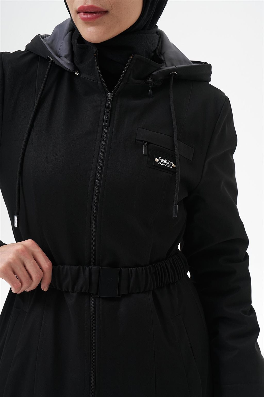 Lastik Kemerli Dik Yaka Parka Siyah 