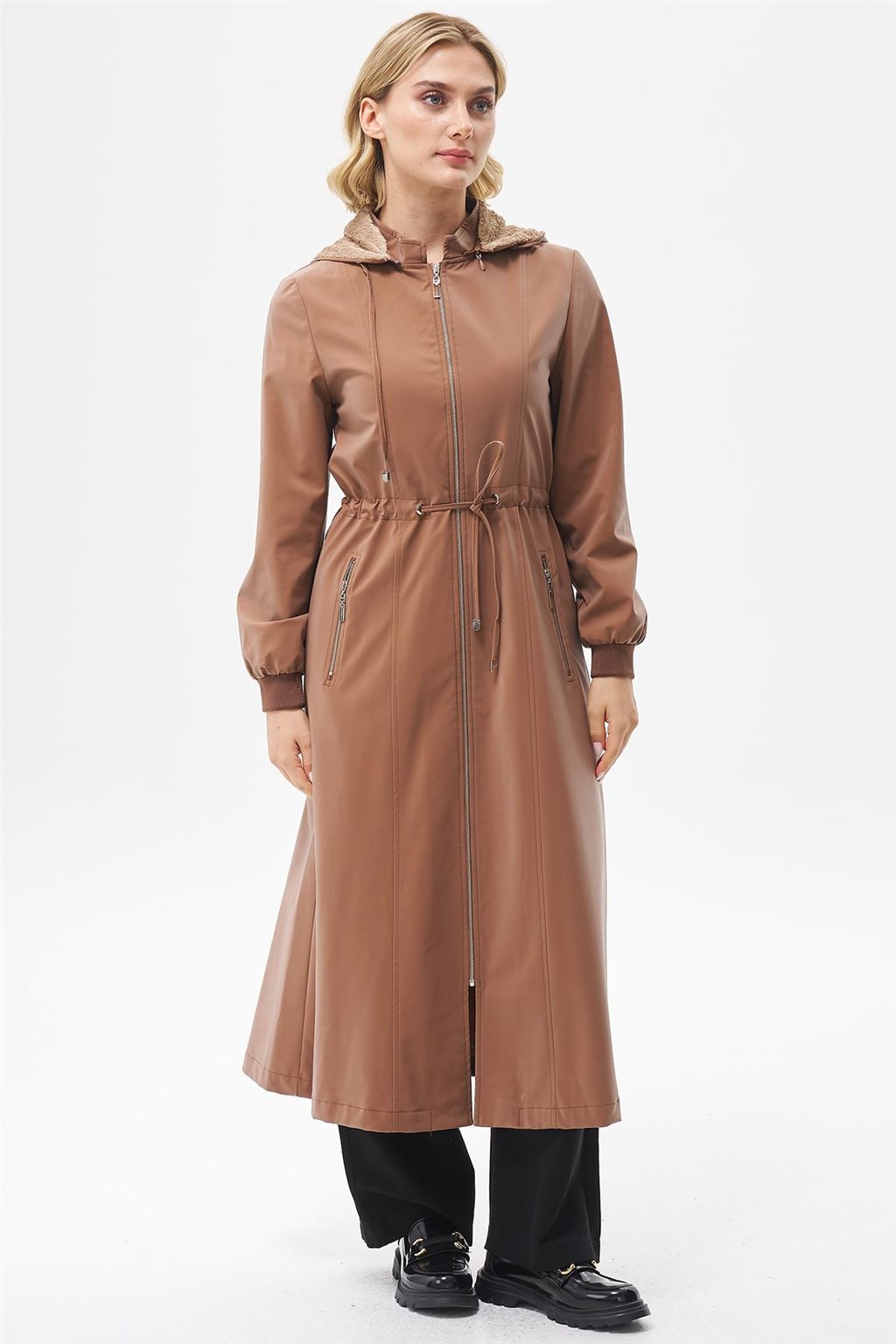 Bel Büzgülü Cep Detaylı Parka Camel 