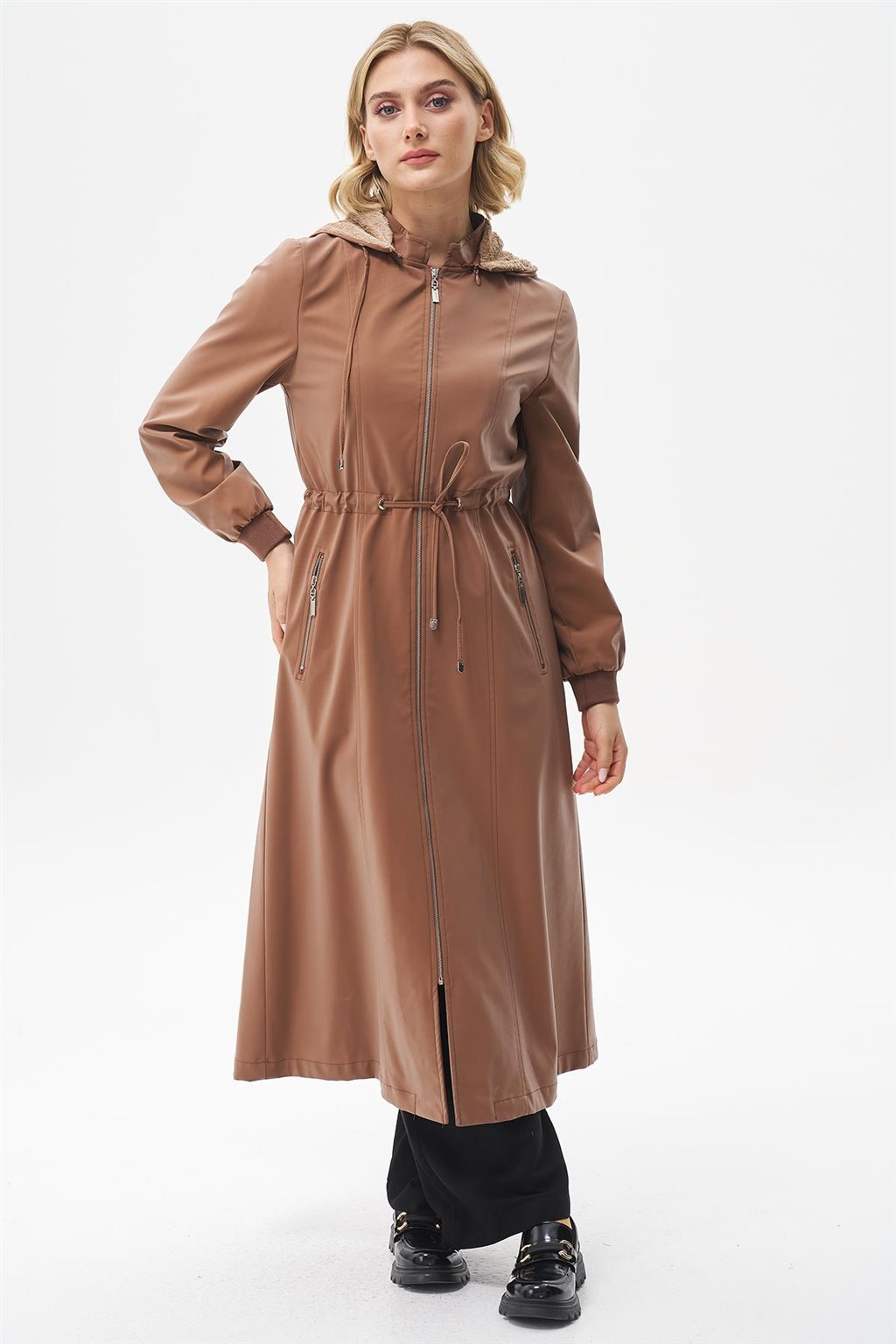 Bel Büzgülü Cep Detaylı Parka Camel 