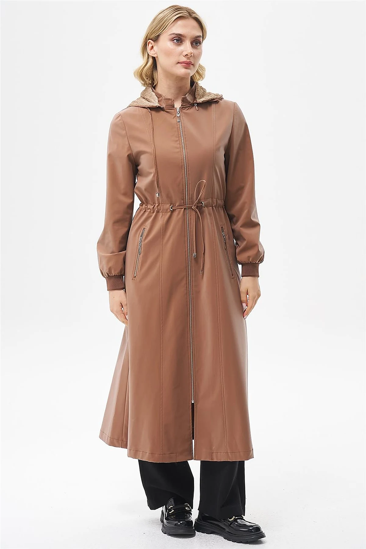 Drawstring Waist Coat with Pocket Details Camel 