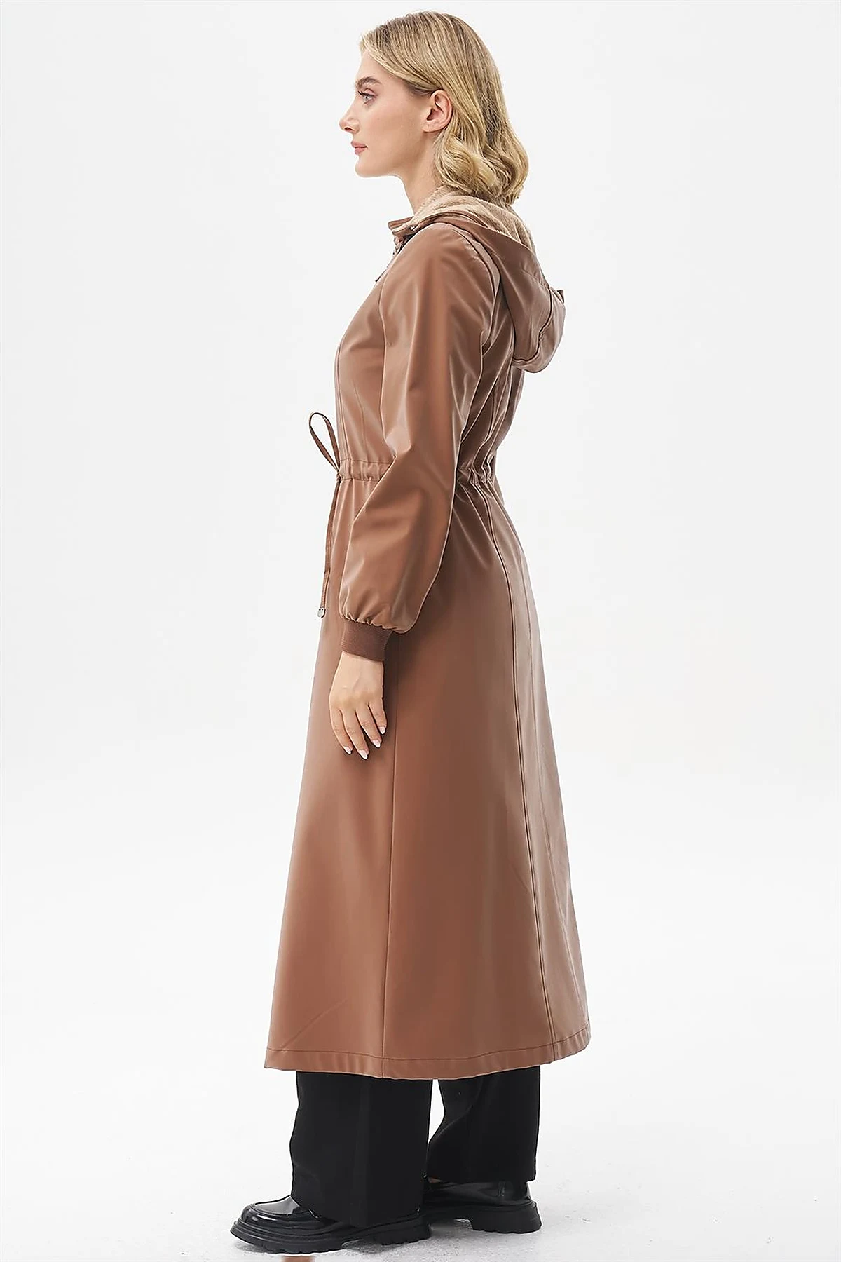 Drawstring Waist Coat with Pocket Details Camel 