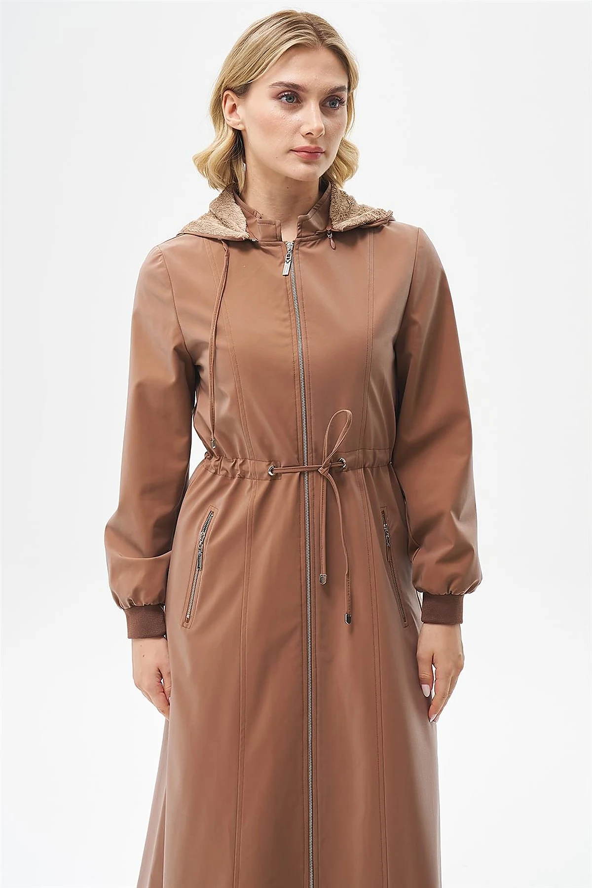 Drawstring Waist Coat with Pocket Details Camel 