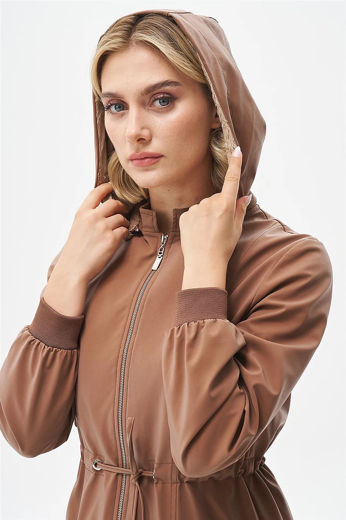 Drawstring Waist Coat with Pocket Details Camel 