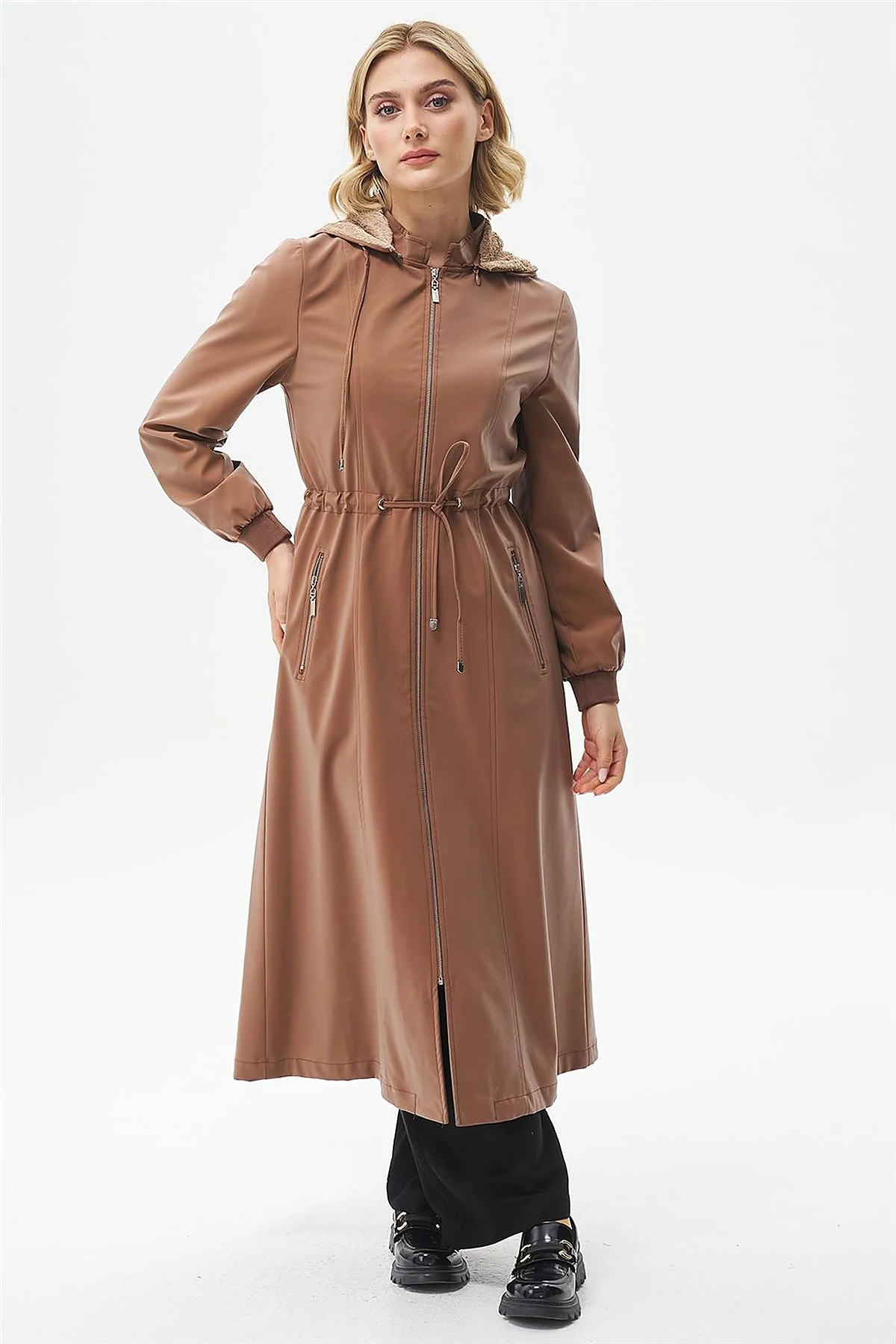 Drawstring Waist Coat with Pocket Details Camel 