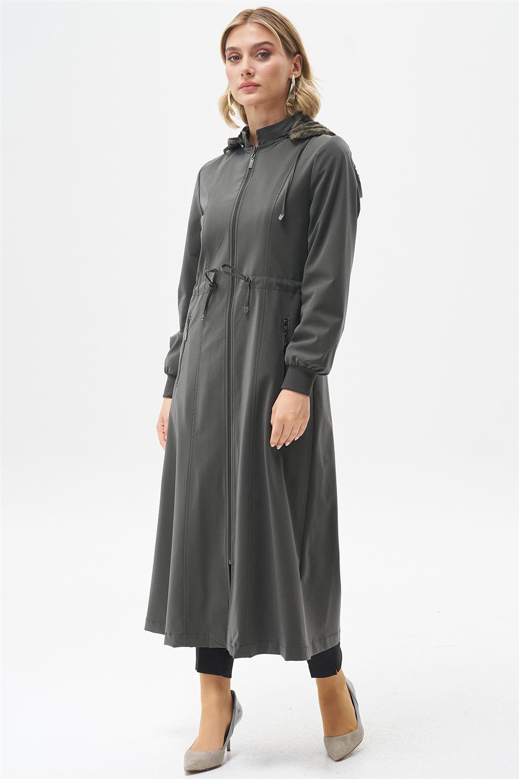 Drawstring Waist Coat with Pocket Details Khaki