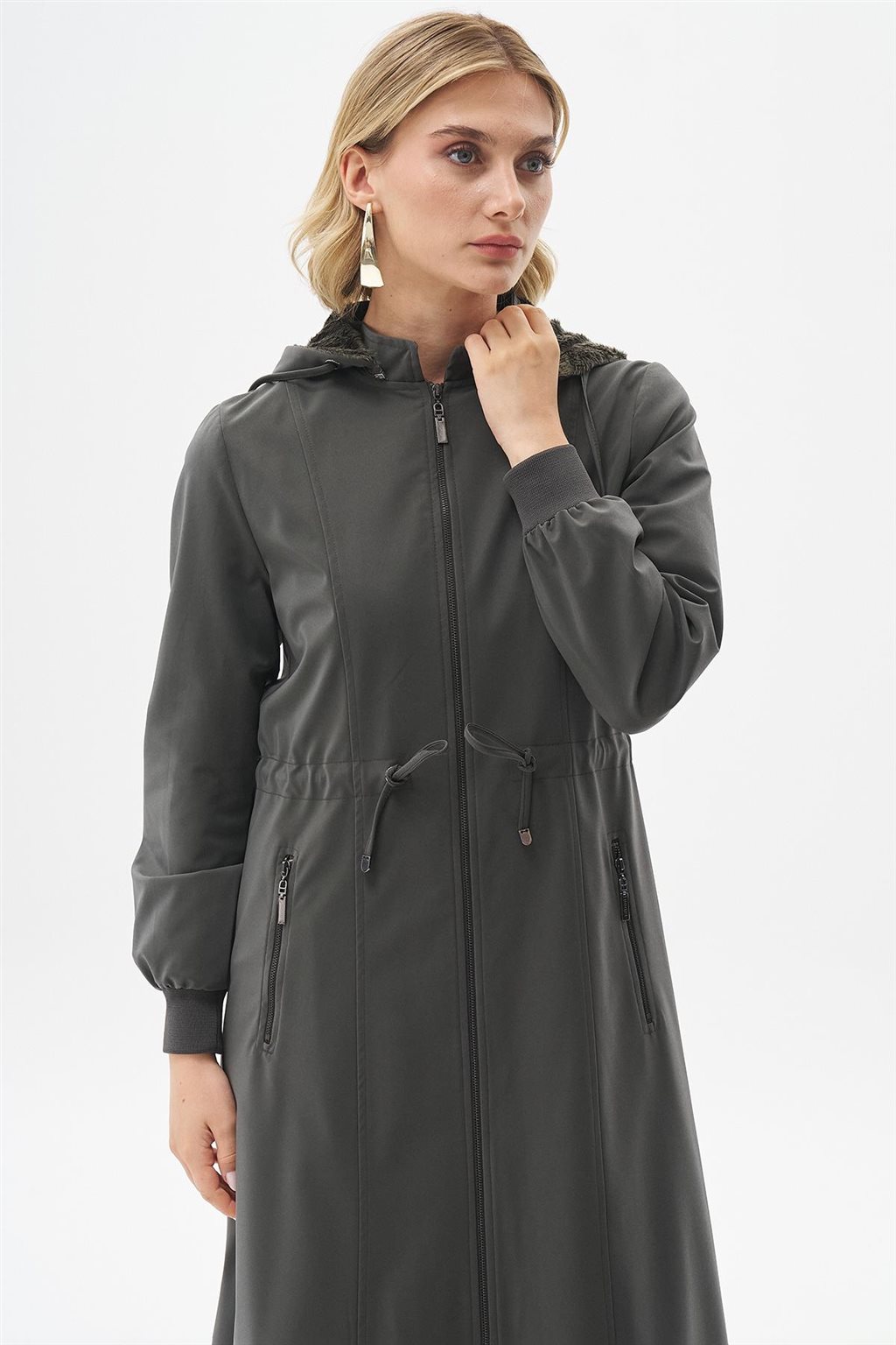 Drawstring Waist Coat with Pocket Details Khaki